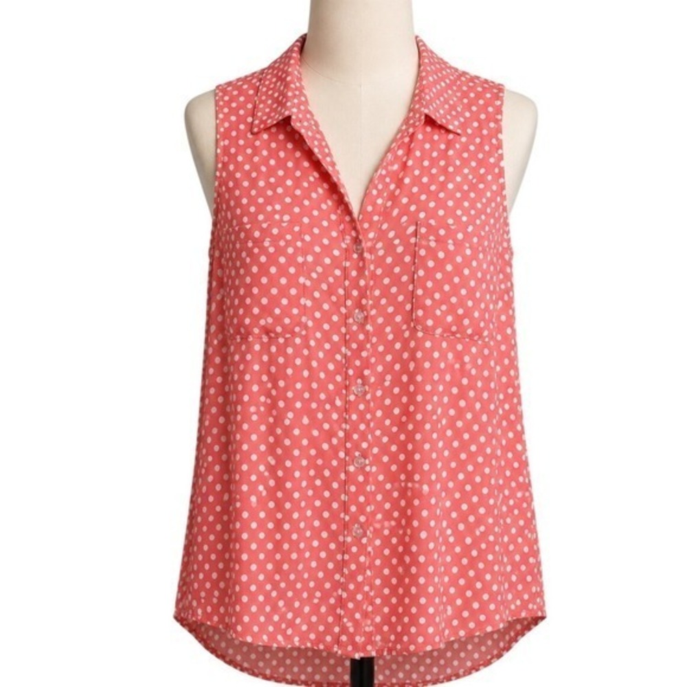 Love Fire Coral Pink Polka Dot Sleeveless Button Down Blouse XL